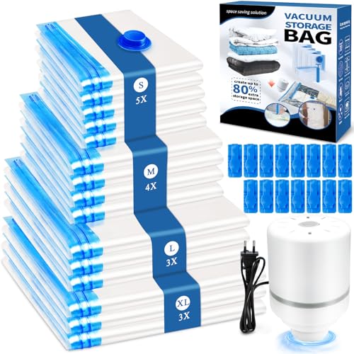 MZJAUVF Bolsas Vacio Ropa con Bomba Eléctrica, 15 Bolsas de Vacio 3x100*70cm, 3x80*60cm, 4x70*50cm, 5x60*40cm, Reutilizable Vacuum Storage Bags, Bolsa Vacio Ropa para Mantas, Edredones, Colchas
