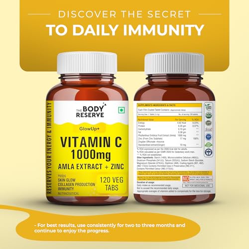 Image of THE BODY RESERVE Natural Vitamin C Tablets From Amla Extracts With Zinc helps Immunity & Skin Whitening Vitamin C Supplements 120 Tablets