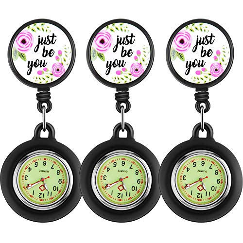 Paramedic Luminous Nurse Fob Watch for Nurses Doctors, Nite Glow in Dark with Whole Dial & Pointer,Retractable Digital Fob Watch for Nurses and Doctors,Silicon Cover,with Battery inside (Flower 3 Pcs)