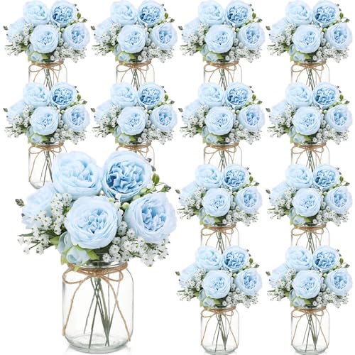 Zeyune 12 Sets Mason Jar Centerpiece Table Decorations Artificial Peony Babys Breath Flower Bouquets Faux Flowers with Vase Rustic Decor Gifts for Home Wedding Holiday (Blue)