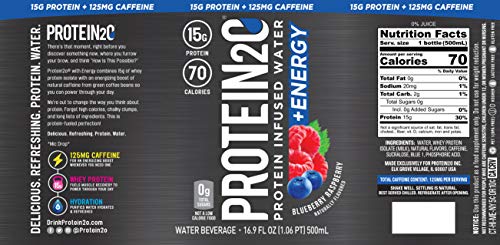 Protein2o + Energy, Low Calorie Protein Infused Water, 15g Whey Protein Isolate, Blueberry Raspberry. 16.9 Oz, Pack of 12