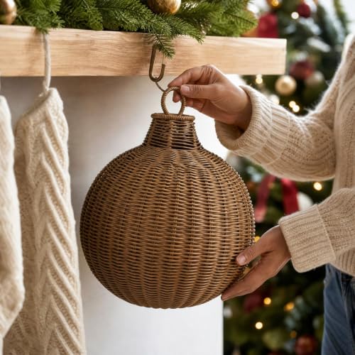Large Faux Rattan Christmas Bells 9.84'', Rustic Farmhouse Woven Balls - image 1