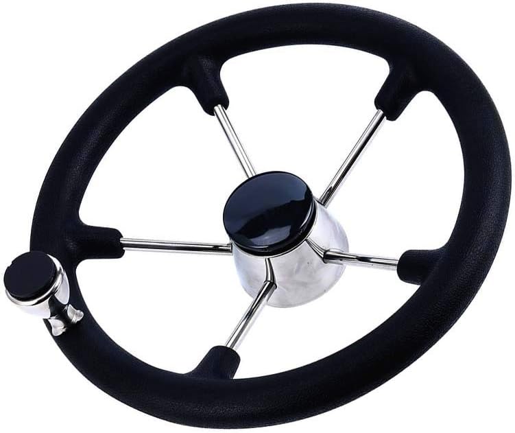 Stainless Steel Destroyer Steering Wheel,With 5 Spoke Boat Marine Black PU Foam 13-1/2 Inch