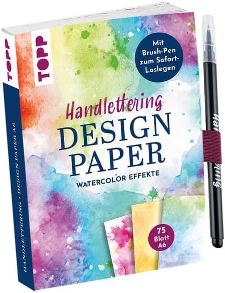 Handlettering Design Paper World of Watercolor A6 mit Brush Pen: 75 Motivpapiere (DIN A6, 220 g/m²), in 25 Designs, 16 Seiten Handlettering-Grundkurs, Softcover, schwarzer Brushpen