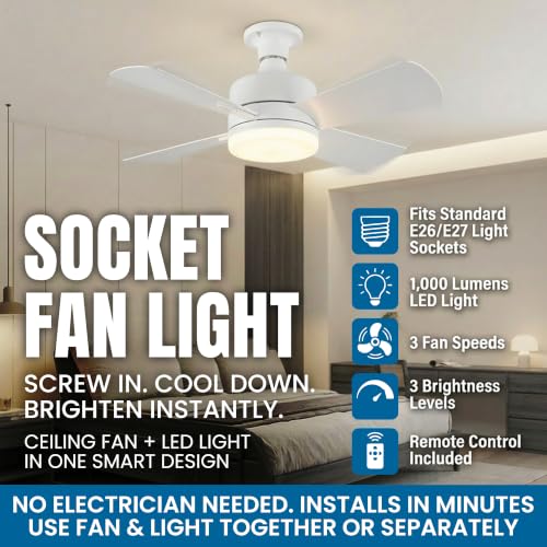 Image of Bell+Howell Socket Breeze 15.4 inch Socket Fan Light with Remote Control | 1000 Lumens, Portable, Easy to Install Ceiling Fan Replacement for Bedroom, Kitchen, Living Room
