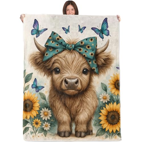 Image of WKEDIN Cute Highland Cow Blanket,50x60in,Cozy Flannel Throw with Small Calf Teal Bow Sunflower Butterfly Design,Soft Lightweight Gifts Blankets for Kids,Sofa Bed Travel Living Room Farmhouse Decor