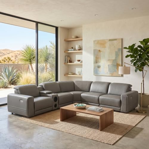 Image of Power Recliner Sectional Sofa, L-Shaped Living Room Furniture Set, Reclining Sectional Couch with Storage Console /Cup Holder for Living Room /House /Apt (Grey, 5 Seater)