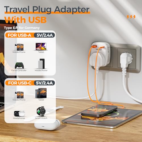 UK to European Plug Adapter 2 Pack, Schuko Grounded Euro EU Plug Adapter with 2 USB Ports (1 USB C) - Image 3