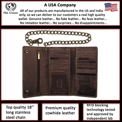 Image of F&L CLASSIC RFID Blocking Mens Tri-fold Long Style Cowhide Leather Steel Chain Wallet,Antique dark brown