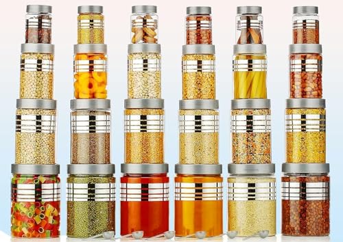Image of 24-Piece Plastic Storage Jar Set | Airtight Food Containers with Spoons | Multi-Size Pantry Organiser 250ml to 1200ml | Silver Line Print | Improved Model