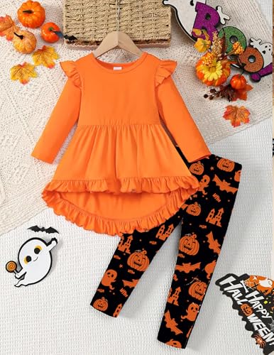 Image of Yekaty Girls Clothes Ruffle Shoulder High Low Hem Long Sleeve Top and Floral Pants 2 Piece Fall Outfits Clothing Set