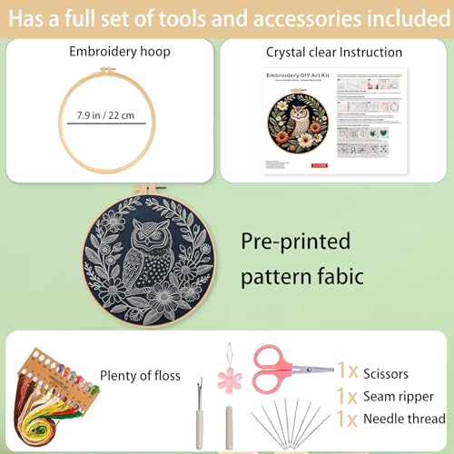 Image of Ohcol Embroidery Kit Cross Stitch Kits for Beginners Needlepoint Kits for Adults Needle Point Kits with Owl & Hoop