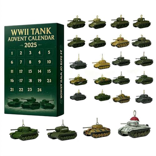 WWII戦車アドベントカレンダー、2Dアクリル24日間クリスマスカウントダウンカレンダー、24個のユニークな戦車ペンダント付き、戦車カウントダウンサプライズギフト、模型コレクター向け