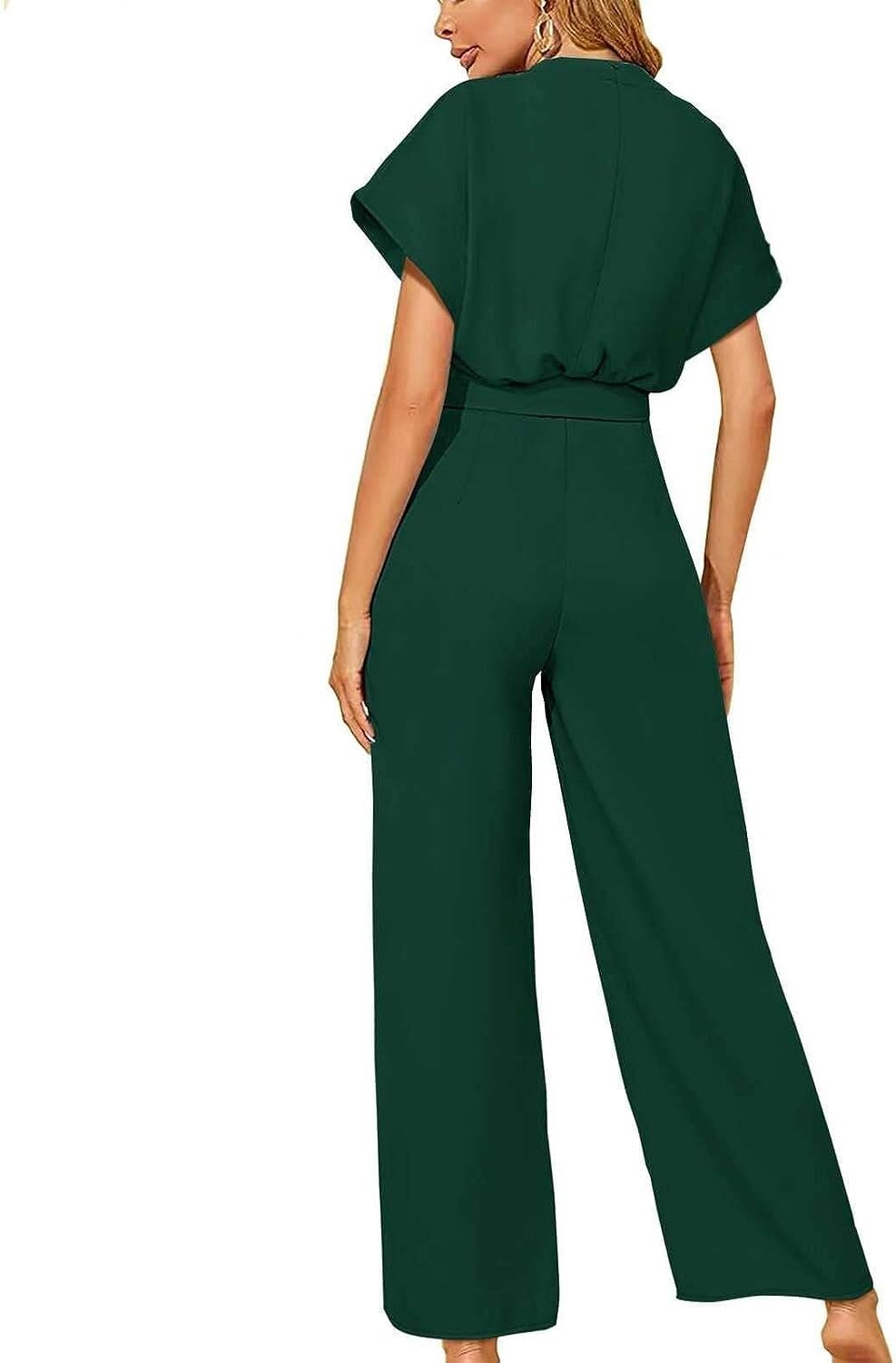 Odzież na co dzień Kombinezony Dressy dla kobiet Casual V neck Krótkie rękawy Pajacyki z szerokimi nogawkami i paskiem (Color : czarny, Size : L)