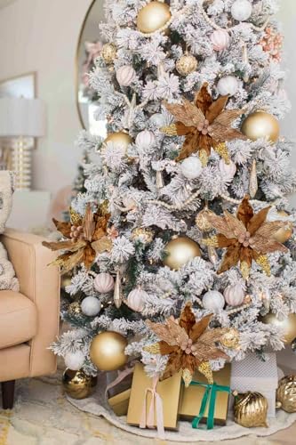 Briful 4 PCS 12" Glitter Poinsettia Brown Artificial Flowers Stem for Christmas Tree Decorations Fake Poinsettia Flowers Large Artificial Christmas Flowers Arrangements for Xmas Decorations - Image 4