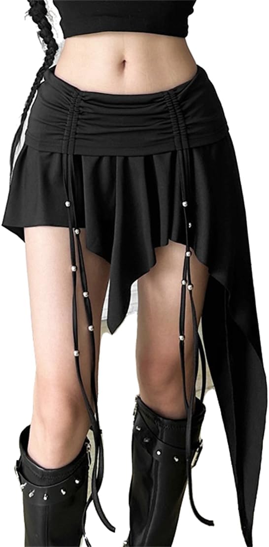 Gothic Women High Waist A Line Skirt Y2K Casual Stretchy Black Ruffle Pleated Flared Skirts