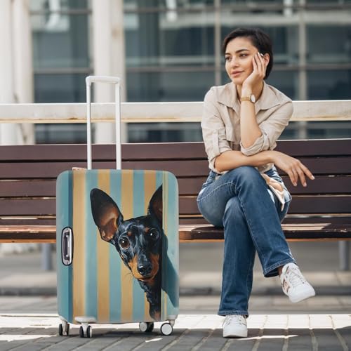 Image of Luggage Cover with Manchester Terrier Design - Stylish Dog Print Suitcase Protector with Blue and Yellow Stripes - Fits 28-30 Inch Travel Luggage,L