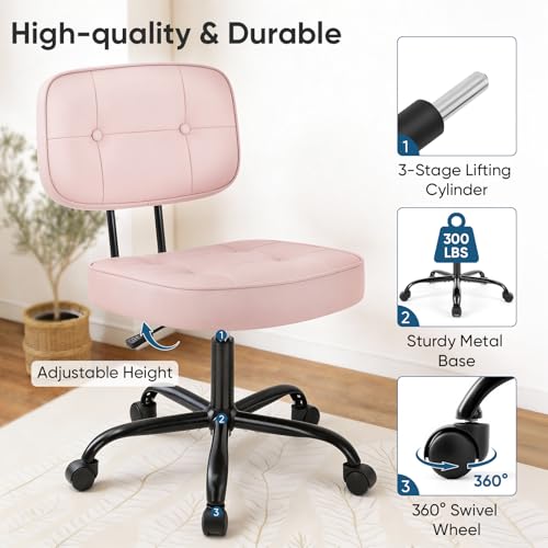 Image of DUMOS Home Office Desk Chair - Ergonomic Armless PU Leather Computer Rolling Task Chair,with Comfy Lumbar Support and Height Adjustable, Vanity, Bedroom, Living Room, Pink