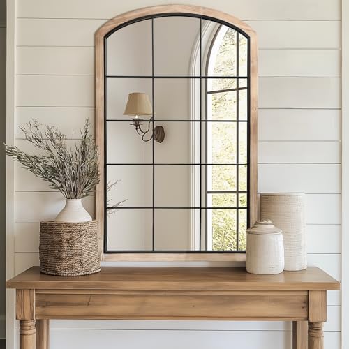 Arch Window Mirror, 30X48 Farmhouse Wall Mirror, Wood Framed Rustic With Metal Inner Frame, Decorative for Entryway & Living Room, Natural - Image 4