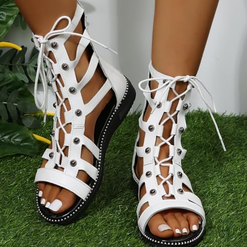 Ladies' Flat Sandals - Hollowed-out Solid Color Design, Casual Open-toe Lace-up, Ankle Strap, Summer Comfort, Zipper, Large Size4