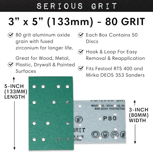 Image of Serious Grit - 3 inch x 5 inch (80x133mm) 14-Hole P80 Grit Sandpaper - 50 Pack Box | Fits Festool RTS 400 & Mirka DEOS 353 - Heavy-Duty Hook & Loop Wet /Dry Film Sanding Sheets for Doors, Cabinetry, Paint, etc