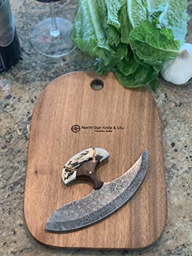 Handmade Traditional Ulu Knife With Damascus Steel Blade, Custom Handle, And Custom Sheath (Antler Angler With Walnut Cutting Board) #TOP1