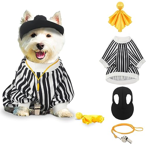 Amylove 4 Pcs Referee Dog 100th Day of School Costume Include Striped Sleeveless T Shirts Adjustable Dog Hat with Ear Holes Yellow Penalty Flag Stainless Steel Sports Whistles with Lanyard(L)