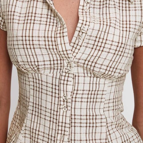 Image of Y2k Girls Vintage Coquette Button Down Shirt Women Short Sleeve V-Neck Slim Fitted T-Shirt Cute Blouse Crop Top