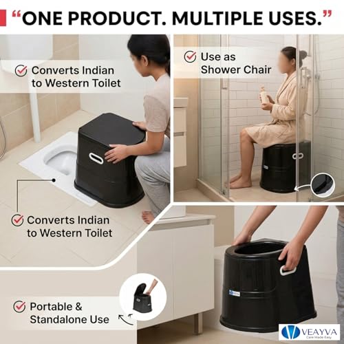 Image of Veayva Heavy Duty Portable Indian Toilet to Western Convertor | Toilet Stool | Toilet Commode for Patients | Indian Commode Stool | Portable Toilet Seat for Adult, Handicap People, BLACK, Plastic