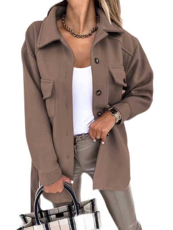 Womens Shackets Fall Fashion Outfits 2024 Button Down Shirt Jacket Pocket Collared Outerwear Trendy Belted Coat