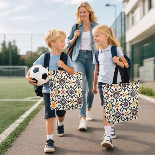 Bolsa de mano para libros con cremallera, bolso de hombro azul oscuro para compras y universidad 6