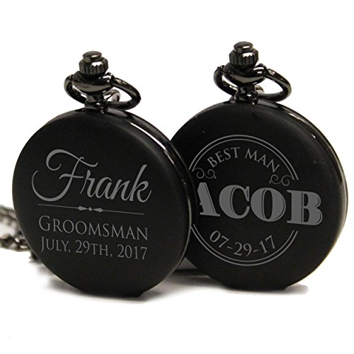 Engraved Monogrammed Quartz Black Pocket Watch - Custom Personalized Groomsmen Wedding Gifts - MPM Styles