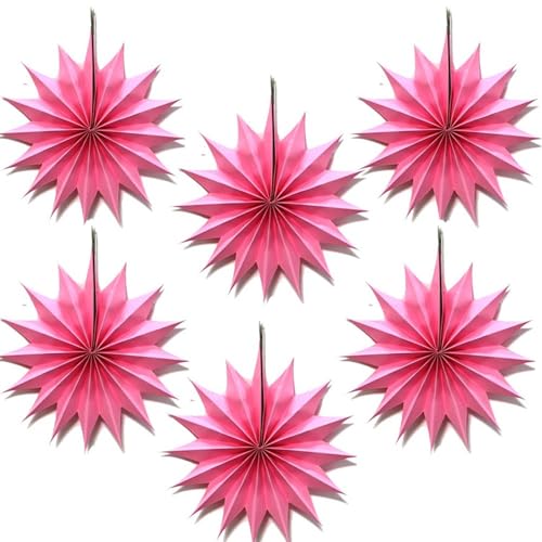 Image of Pop The Party Pink Star Paper Fan Decorations - Pack of 6 | Hanging Party Decor | Foldable Fans for Birthday, Baby Shower, Graduation, Patriotic Celebrations & Events