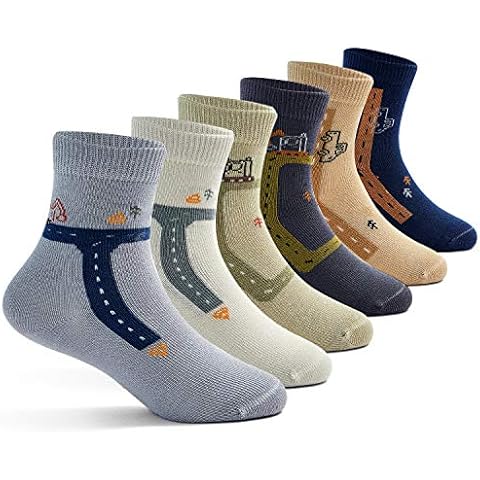 Yoille Big Boys Cotton Socks Kids Seamless Crew Socks Cartoon Colorful Dress Socks for Boys 6 Pairs Roads Size 8-10 Cover