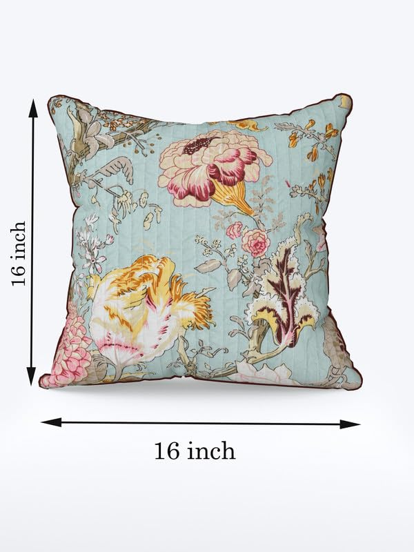 Image of Pure Cotton Quilted Cushion Cover 16x16 Inch | Anokhi Print Decorative Throw Pillow Cover | Soft Cotton Sofa Cushion Cover with Hidden Zipper | Living Room Bedroom Home Decor