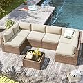 LazySunsets 7 Piece Outdoor Patio Furniture Set with Coffee Table, Outdoor Patio Furniture Sets with Waterproof Cover, Wicker Rattan Outdoor Conversation Set for Backyard & Garden, Beige