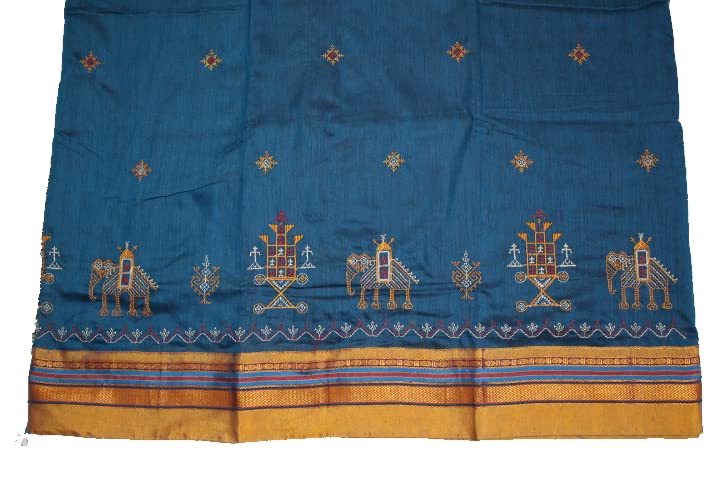 Image of Women Ilkal Cotton Blended Silk Kasuti Embroidery Saree with Traditional Stripe Pallu Unstitched Blouse Pattu