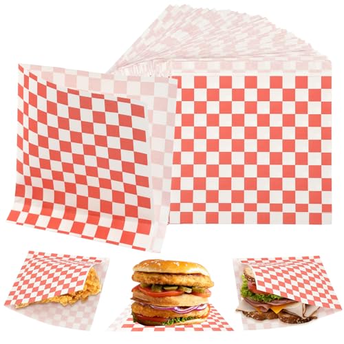 150 Stk Dickes Burger Papier Deli Papierblätter Käsepapier Wasserdicht und Öl Burger Tüten Sandwich Paper Wrap Papier für Burgers Pommes Butterbrot Käse Kuchen 15 x 15 cm (Rot)