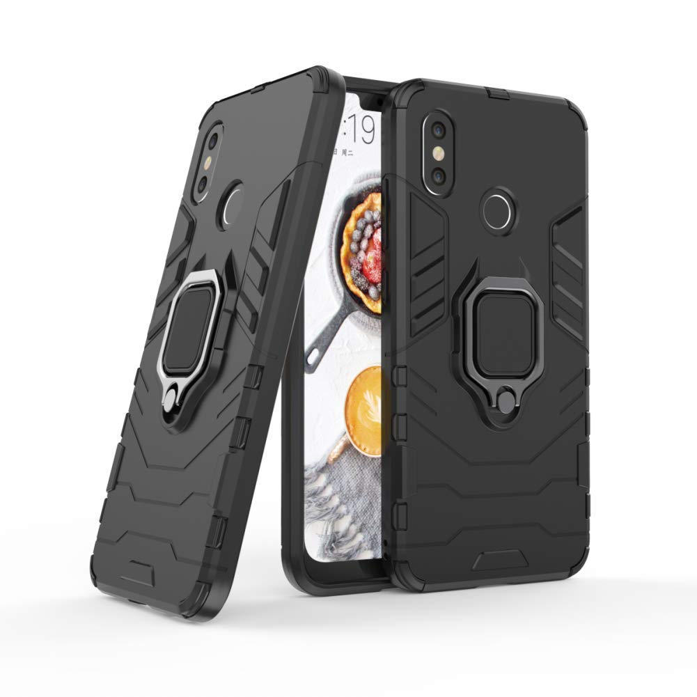 Compatible with Xiaomi Mi 8 Case, Metal Ring Grip Kickstand Shockproof Hard Bumper (Works with Magnetic Car Mount) Dual Layer Rugged Cover for Xiaomi Mi8 (Black)