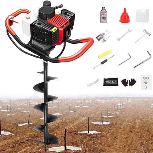 Gas Powered Electric Earth Auger, 4-Stroke Post Hole Digger with 8 Drill Bits for Planting Trees & Fence Posts, Portable Petrol Piledriver (12cm) - Heavy Duty Tool