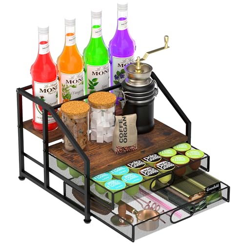 Invech 4 Tier Coffee Syrup Rack Organizer, 60 K Cup Holder Storage Basket for Coffee Pods, Syrup, Straws, Spoons, Coffee Station Organizer for Kitchen and Coffee Bar
