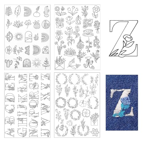 FIGFYOU 4 Blatt Stickvorlagen Stickbilder Selbstklebend Stickvlies Wasserlöslich Sticken Vorlagen Stickmotive Blumen Stabilisator Kreuzstichvorlagen stickmuster vorlagen für DIY Stickerei Handnähen