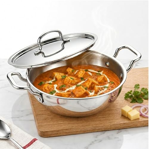 SOLARA Triply Stainless Steel Kadai with SS Lid 20 cm, Tri Ply SS Kadhai, Heavy Bottom Induction Base Cookware, Stainless Steel Cooking Pot for Frying, Sauteing, Curry
