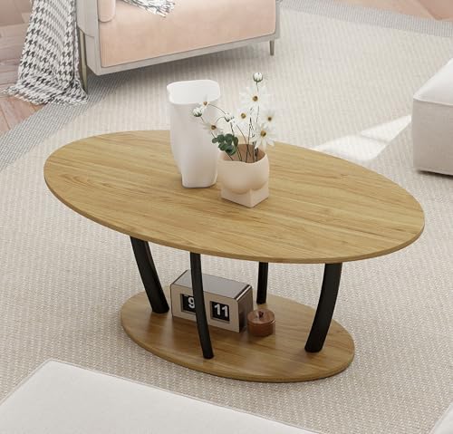 Manora Mesa de Centro Ovalada, Mesa Auxiliar Qequeña con Estantes de Almacenamiento,Mesas Bajas de Salon industrial rústica de granja para Sala de Estar, Oficina o Dormitorio, 100 x 55 x 42cm, Natural