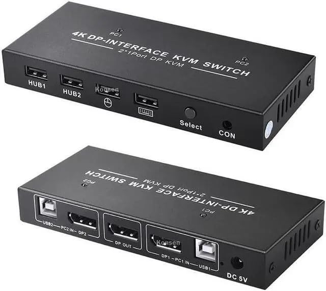microware dp kvm switch 1 monitors 2 computers, 2 port displayport kvm switch share usb 2.0 devices with 3 usb hub for 4k@60hz, 2k@144hz, 2k@120hz with extension control s-witch and 2 usb cable