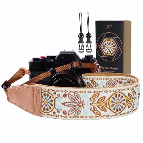 Image of Padwa Lifestyle Camera Strap - 2 inch Full Grain Leather Ends Camera Straps for Photographers, Vintage Embroidered Cotton Weave Soft Suede Fabric Padded Strap Quick Release fits All Cameras