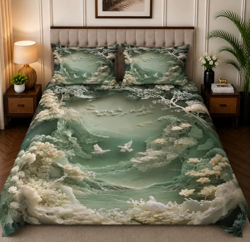 Image of 7D Digital Printed King Size Bedsheet with 2 Pillow Covers | Soft Premium Cotton Feel Microfiber Double Bed Bedsheet | Wrinkle Free & Fade Resistant | (Greenmulti2, KingSize-225x250CM)
