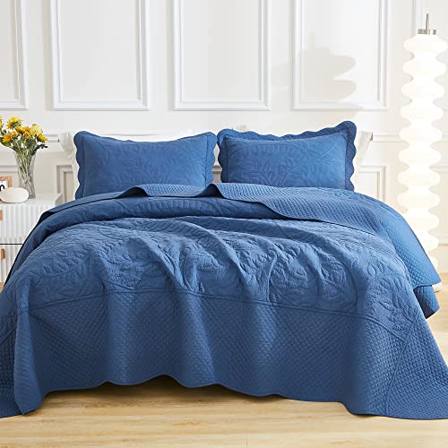 MarCielo 3-Piece 100% Cotton Oversized Bedspread Lightweight Quilt Coverlet Embroidery Farmhouse Bedding Set T0 (Midtone Blue, Oversized Queen (100"x106"))