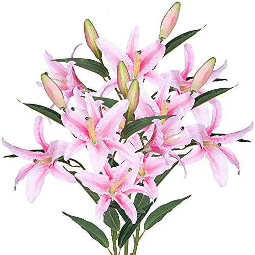 Grand Verde Lily Artificial Flowers Bulk Bouquet 30” Long Stems Dozen Blooming Silk Flower Heads Wedding Decoration Indoor Home Decor DIY Floral Crafts Table Centerpiece, 3pcs (Pink)