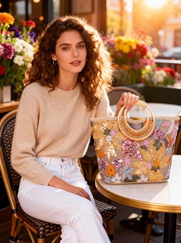 Bolso Tote para mujer con asa de bambú redondo miniatura 2